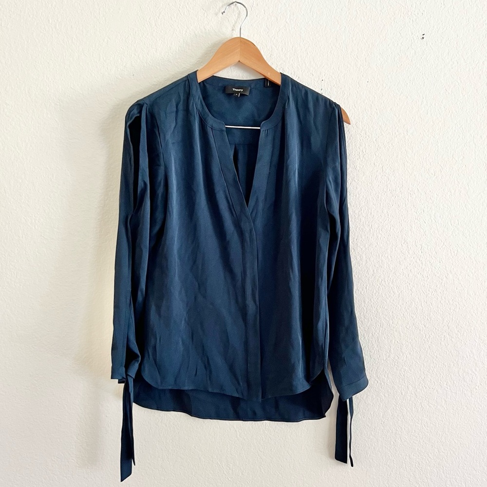 Theory Navy Silk Tie Sleeve Blouse Sz S
